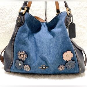 COACH Edie Limited Edition Tea Rose Denim & Navy Pebble Leather Bag (28896)